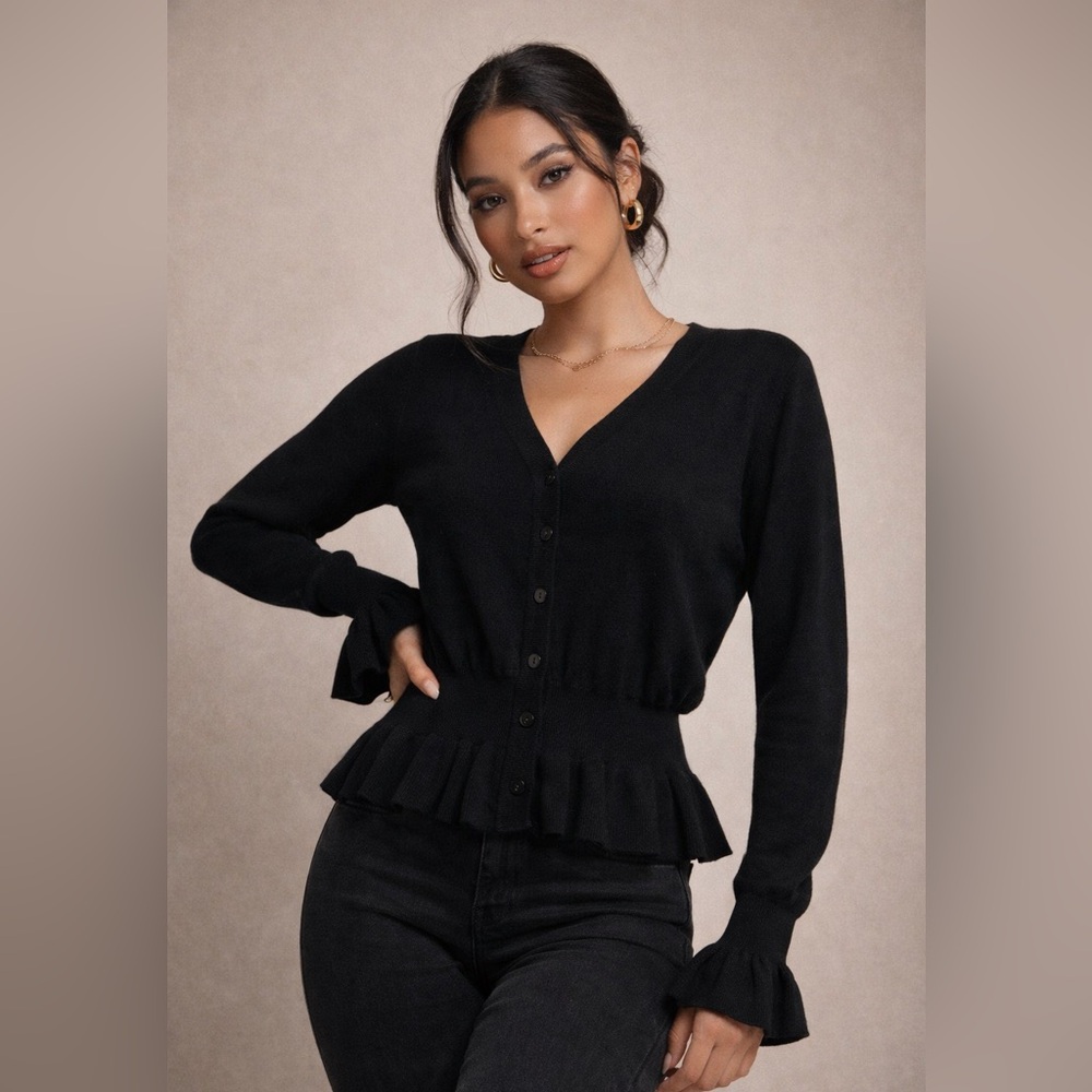 Lea & Viola NWT Black Women's Sweater ruffled sleeve Peplum sz S Saks off 5th